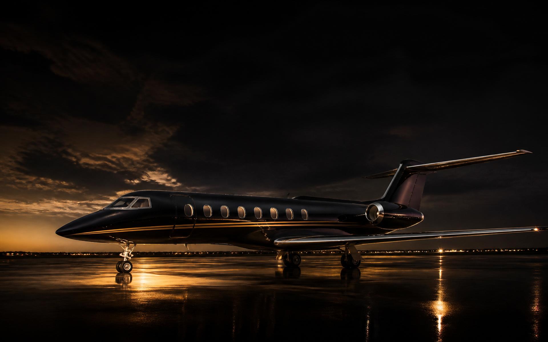 Private jet on tarmac at dusk